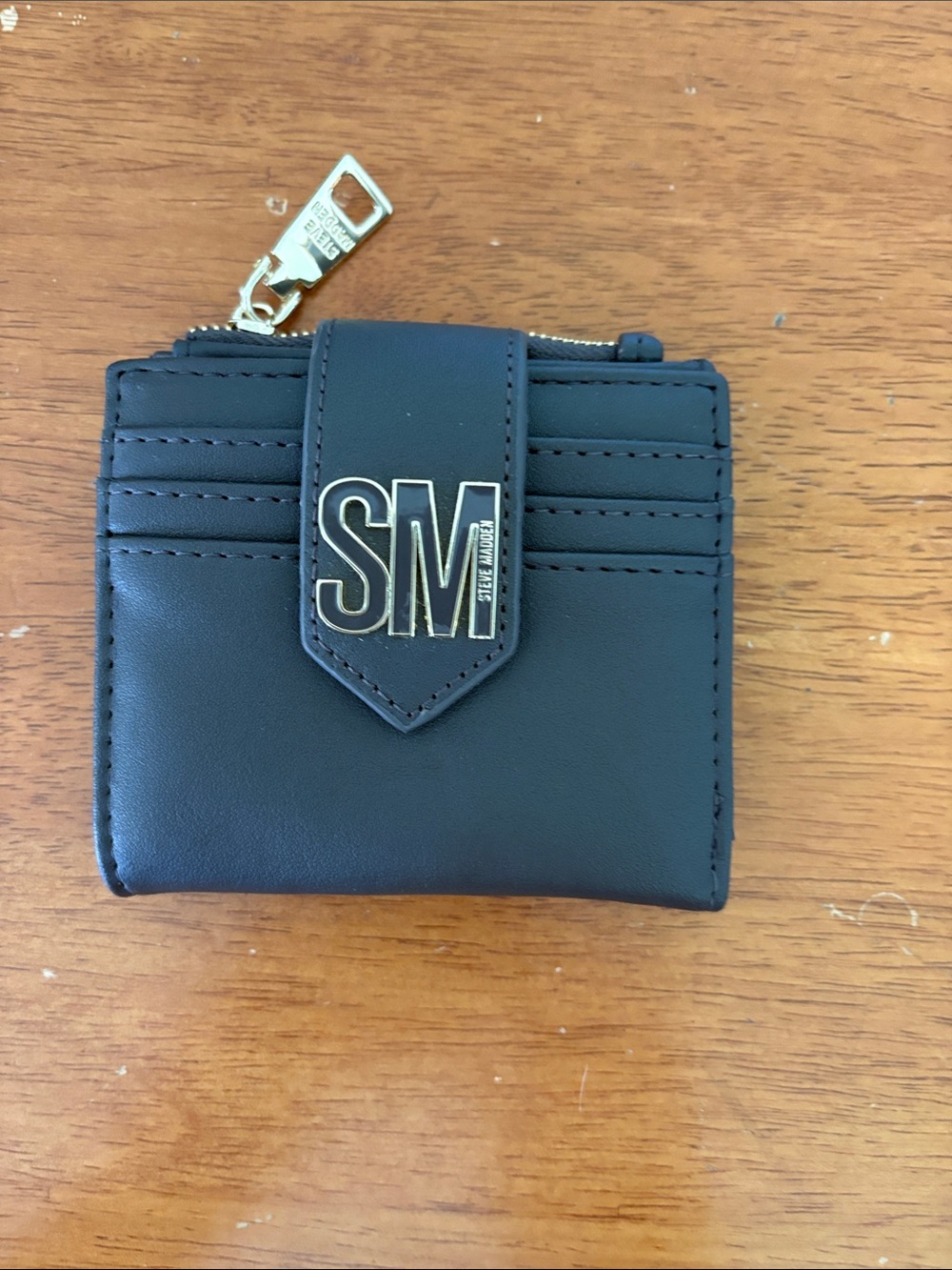 Steve Madden Dark Brown Card Wallet with Gold SM Logo